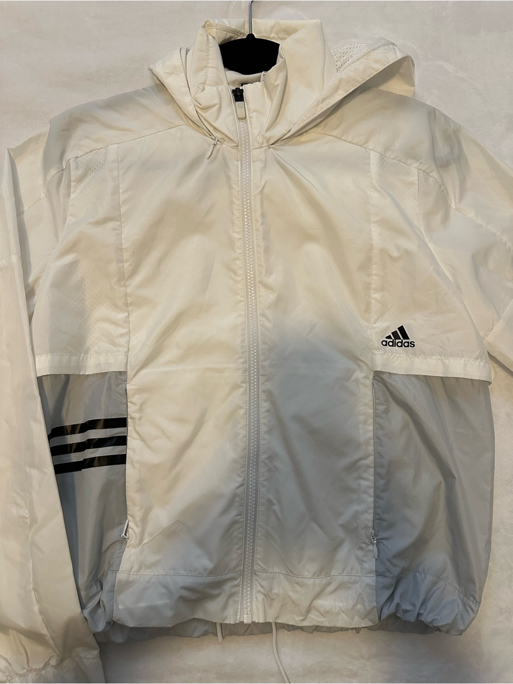 adidas White Hooded Windbreaker Jacket with Black Stripe Detail